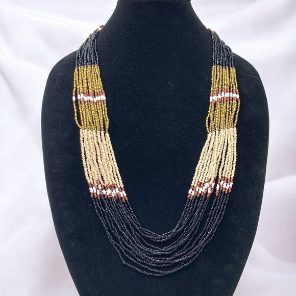 Multi Strand Seed Bead Necklace Earth Tones Gold Ivory Rust Slate 29"L + 1" - Picture 1 of 5